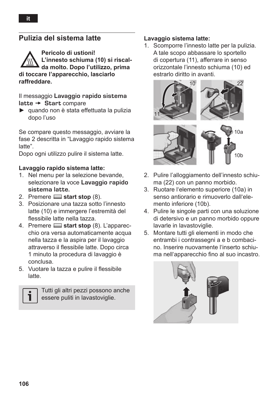 Pulizia del sistema latte | Siemens TK76K573 User Manual | Page 108 / 182