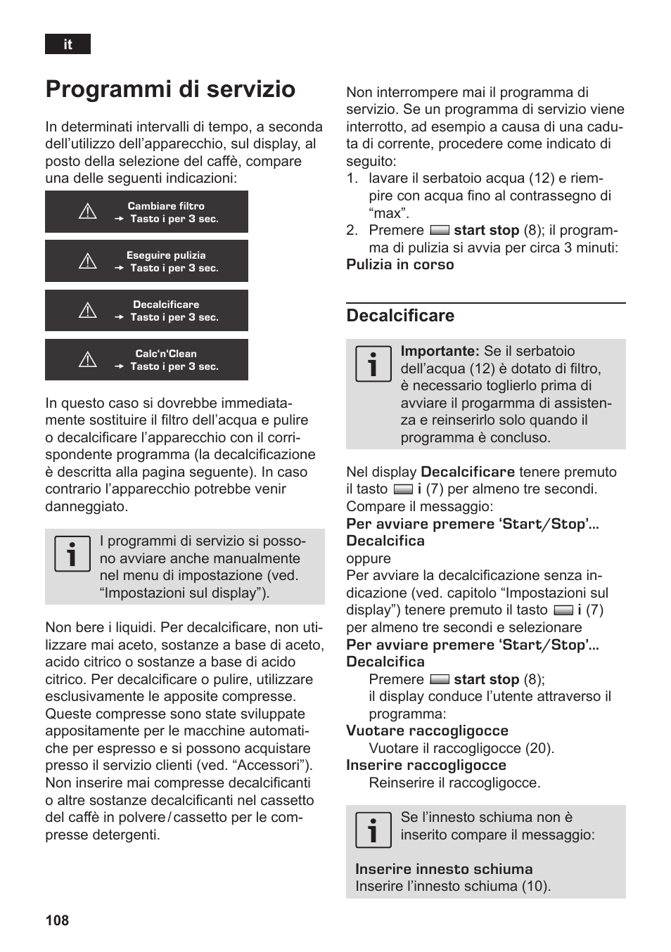 Programmi di servizio, Decalcificare | Siemens TK76K573 User Manual | Page 110 / 182
