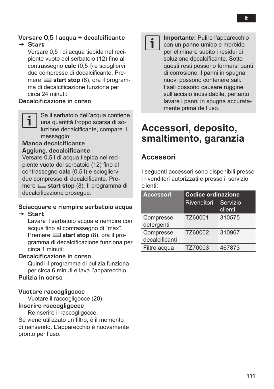 Accessori, deposito, smaltimento, garanzia | Siemens TK76K573 User Manual | Page 113 / 182