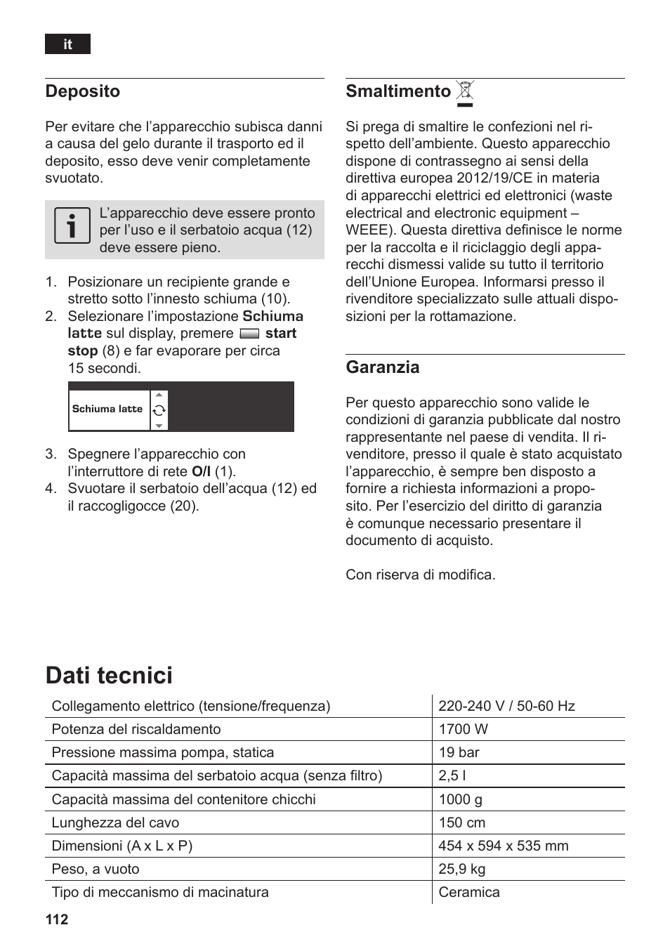 Dati tecnici | Siemens TK76K573 User Manual | Page 114 / 182