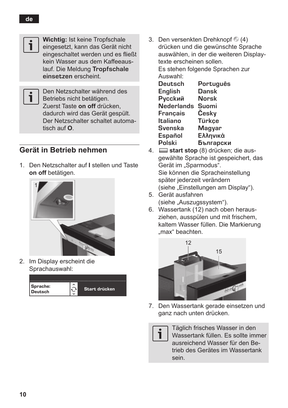 Gerät in betrieb nehmen | Siemens TK76K573 User Manual | Page 12 / 182