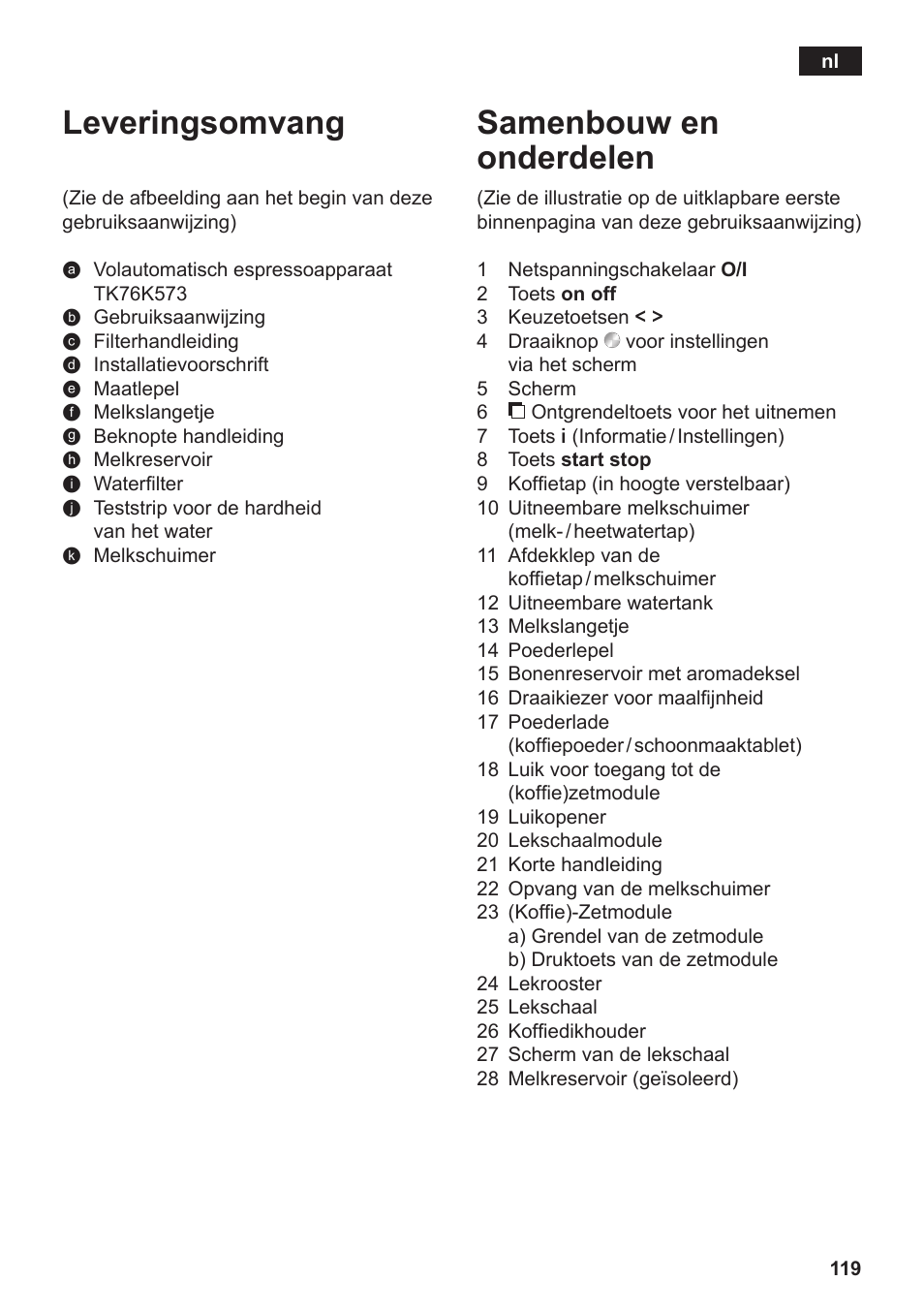 Leveringsomvang, Samenbouw en onderdelen | Siemens TK76K573 User Manual | Page 121 / 182