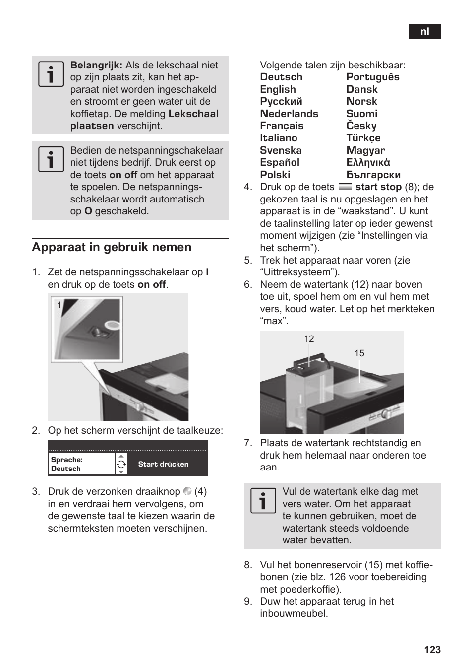 Apparaat in gebruik nemen | Siemens TK76K573 User Manual | Page 125 / 182