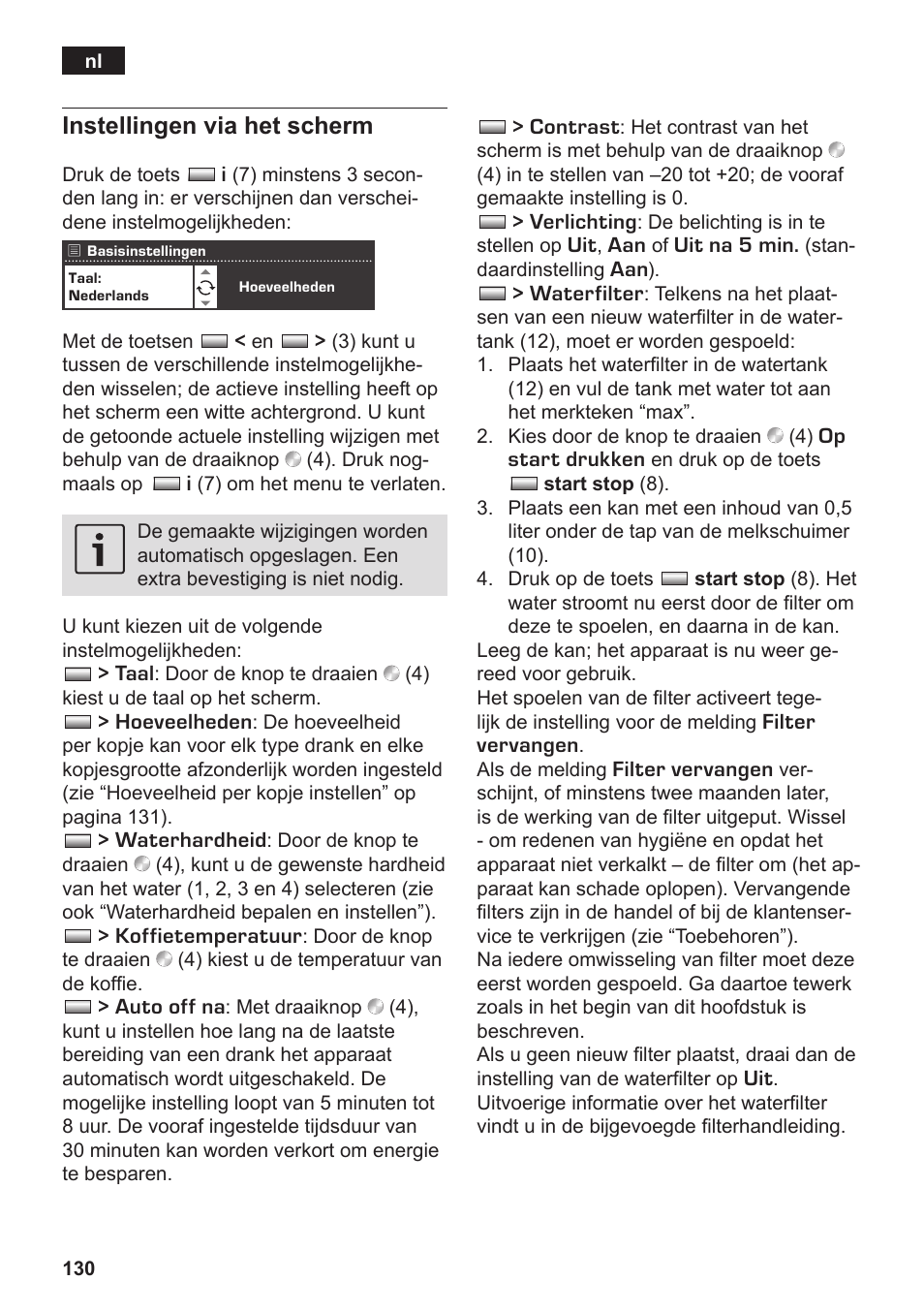 Instellingen via het scherm | Siemens TK76K573 User Manual | Page 132 / 182
