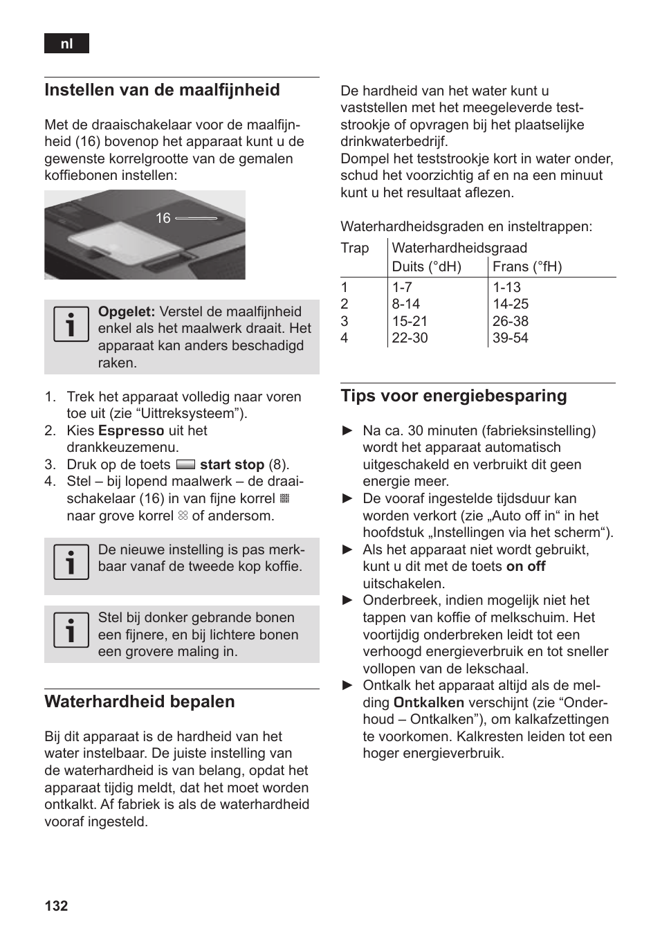 Instellen van de maalfijnheid, Waterhardheid bepalen, Tips voor energiebesparing | Siemens TK76K573 User Manual | Page 134 / 182