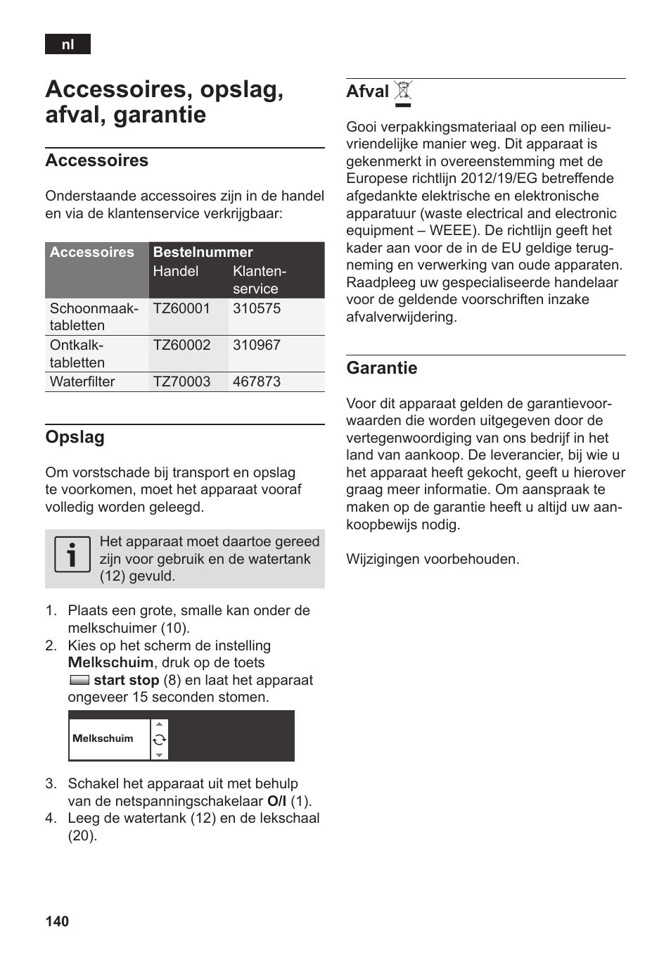 Accessoires, opslag, afval, garantie | Siemens TK76K573 User Manual | Page 142 / 182