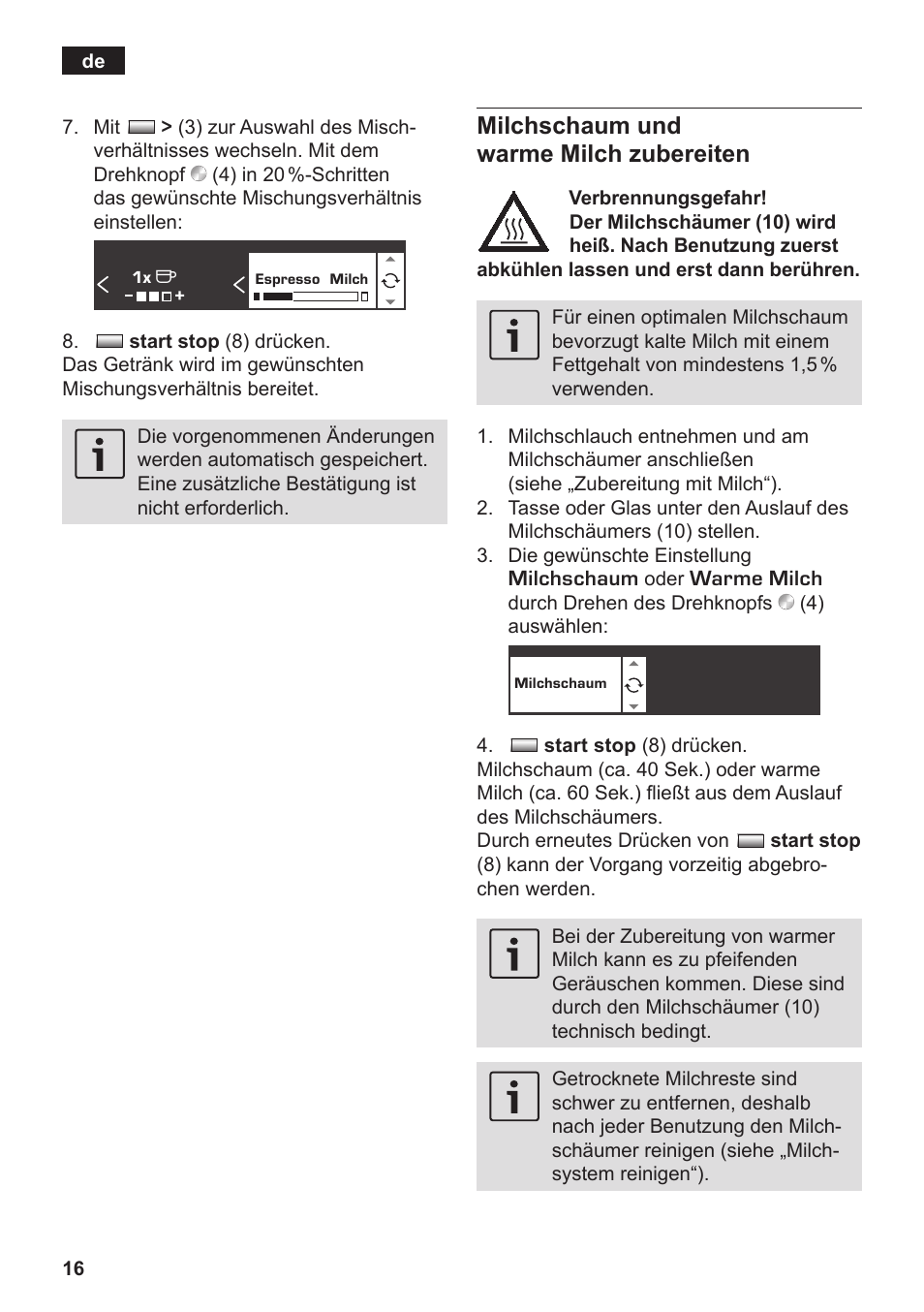 Milchschaum und warme milch zubereiten | Siemens TK76K573 User Manual | Page 18 / 182