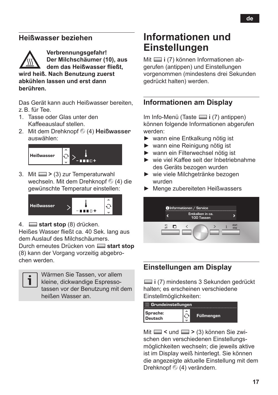 Informationen und einstellungen, Heißwasser beziehen, Informationen am display | Einstellungen am display | Siemens TK76K573 User Manual | Page 19 / 182