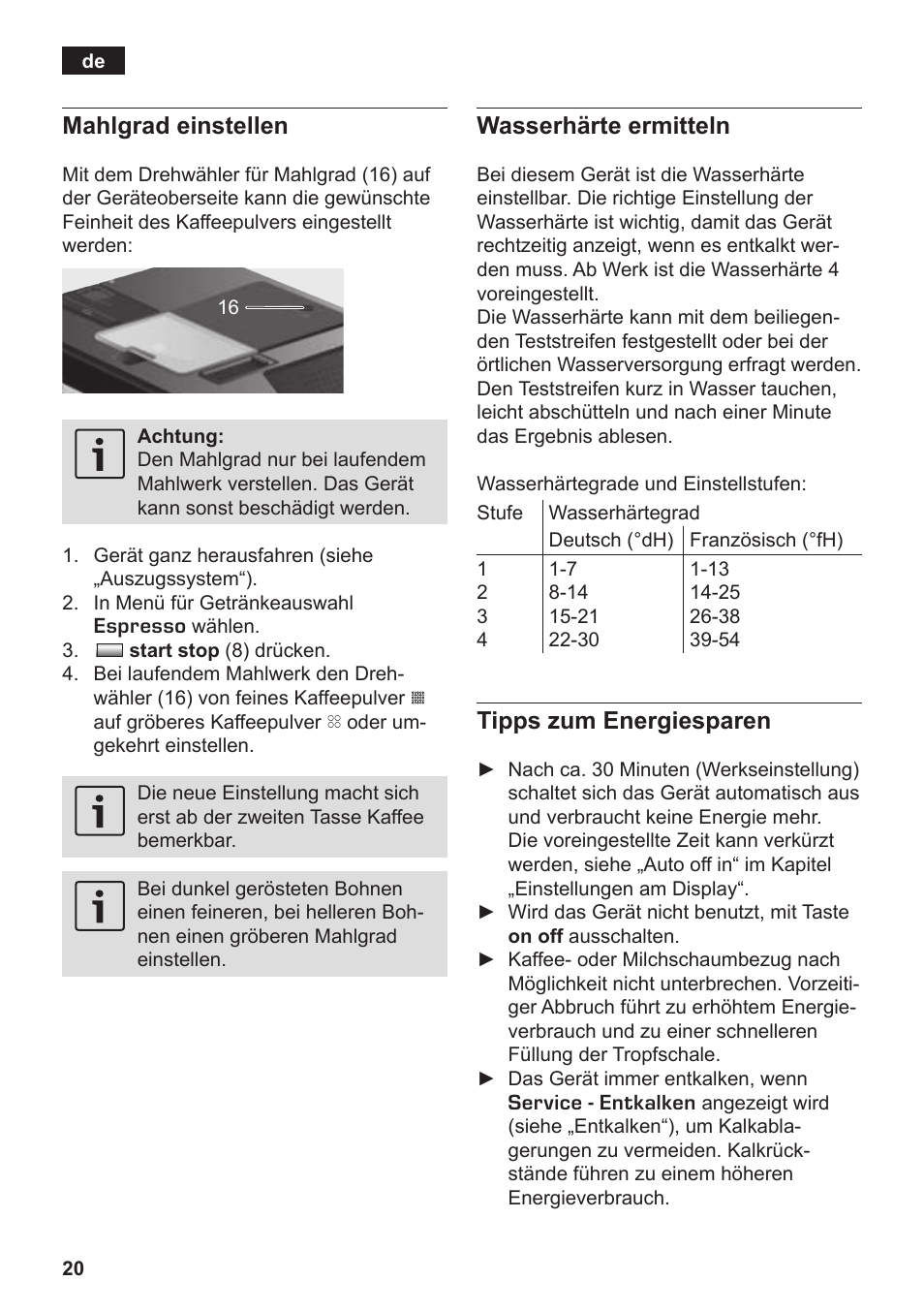 Mahlgrad einstellen, Wasserhärte ermitteln, Tipps zum energiesparen | Siemens TK76K573 User Manual | Page 22 / 182