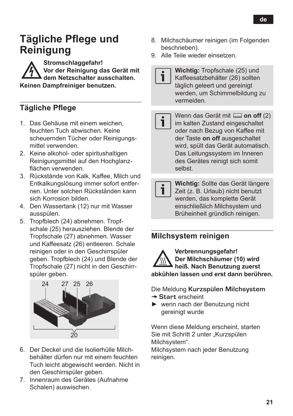 Tägliche pflege und reinigung, Tägliche pflege, Milchsystem reinigen | Siemens TK76K573 User Manual | Page 23 / 182