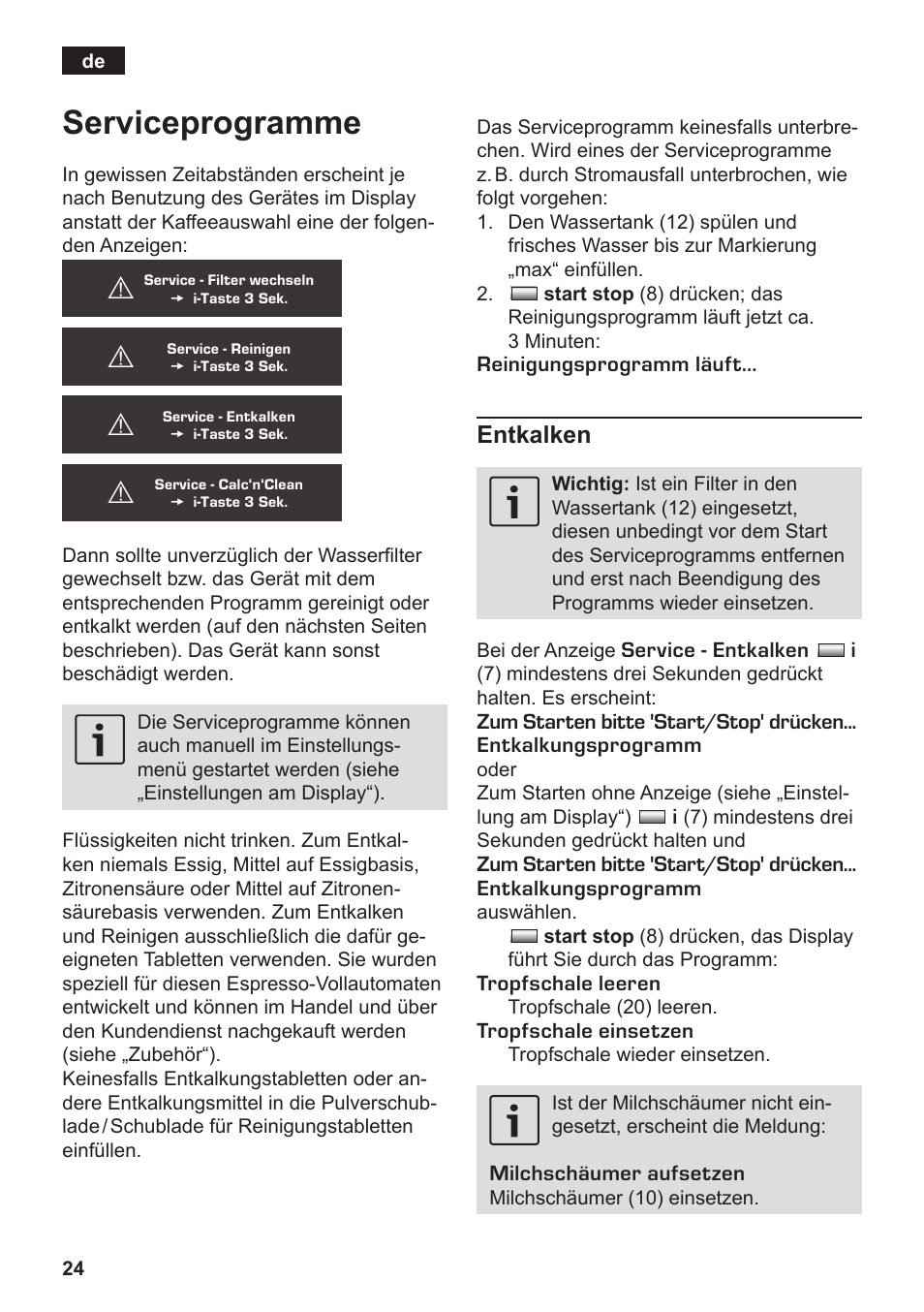 Serviceprogramme, Entkalken | Siemens TK76K573 User Manual | Page 26 / 182