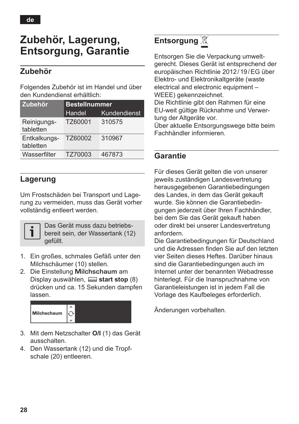 Zubehör, lagerung, entsorgung, garantie | Siemens TK76K573 User Manual | Page 30 / 182