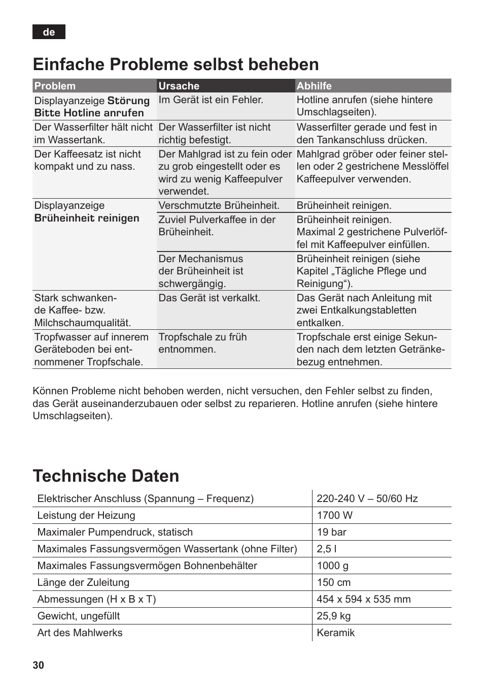 Einfache probleme selbst beheben technische daten | Siemens TK76K573 User Manual | Page 32 / 182