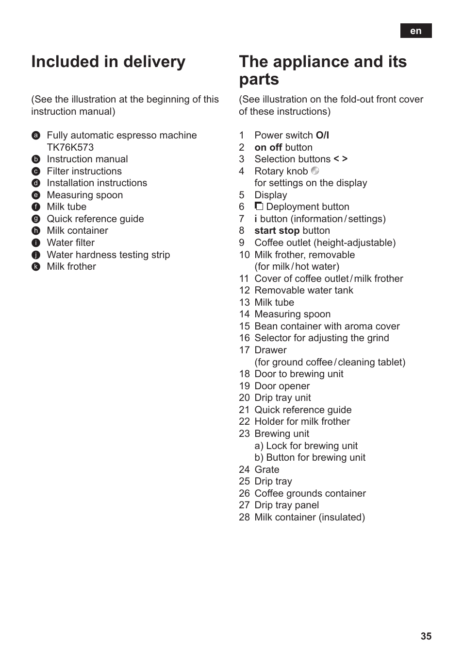 Included in delivery, The appliance and its parts | Siemens TK76K573 User Manual | Page 37 / 182