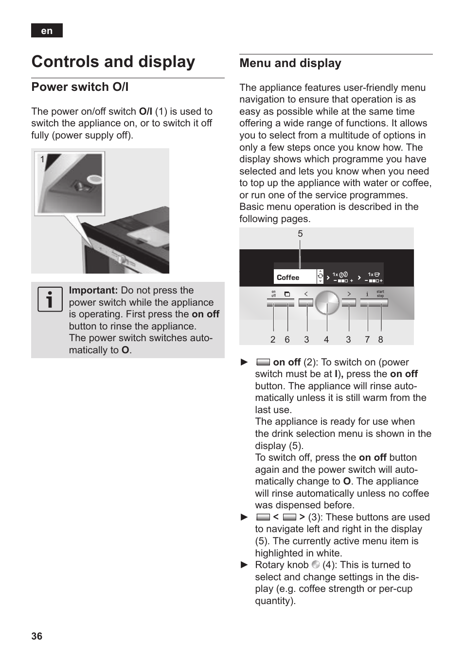 Controls and display, Power switch o/i, Menu and display | Siemens TK76K573 User Manual | Page 38 / 182