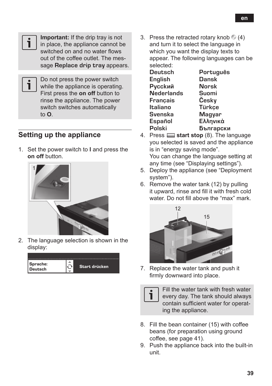 Setting up the appliance | Siemens TK76K573 User Manual | Page 41 / 182