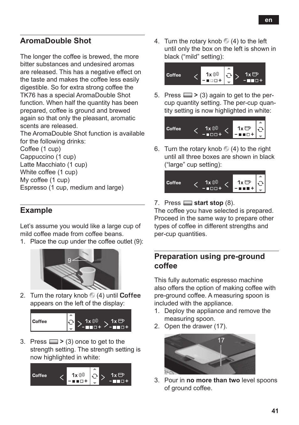 Aromadouble shot, Example, Preparation using pre-ground coffee | Siemens TK76K573 User Manual | Page 43 / 182