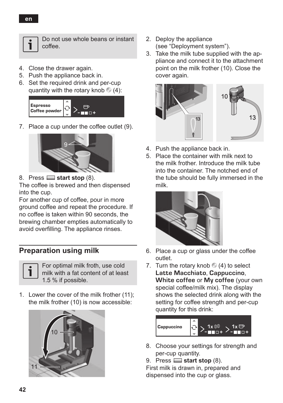 Preparation using milk | Siemens TK76K573 User Manual | Page 44 / 182