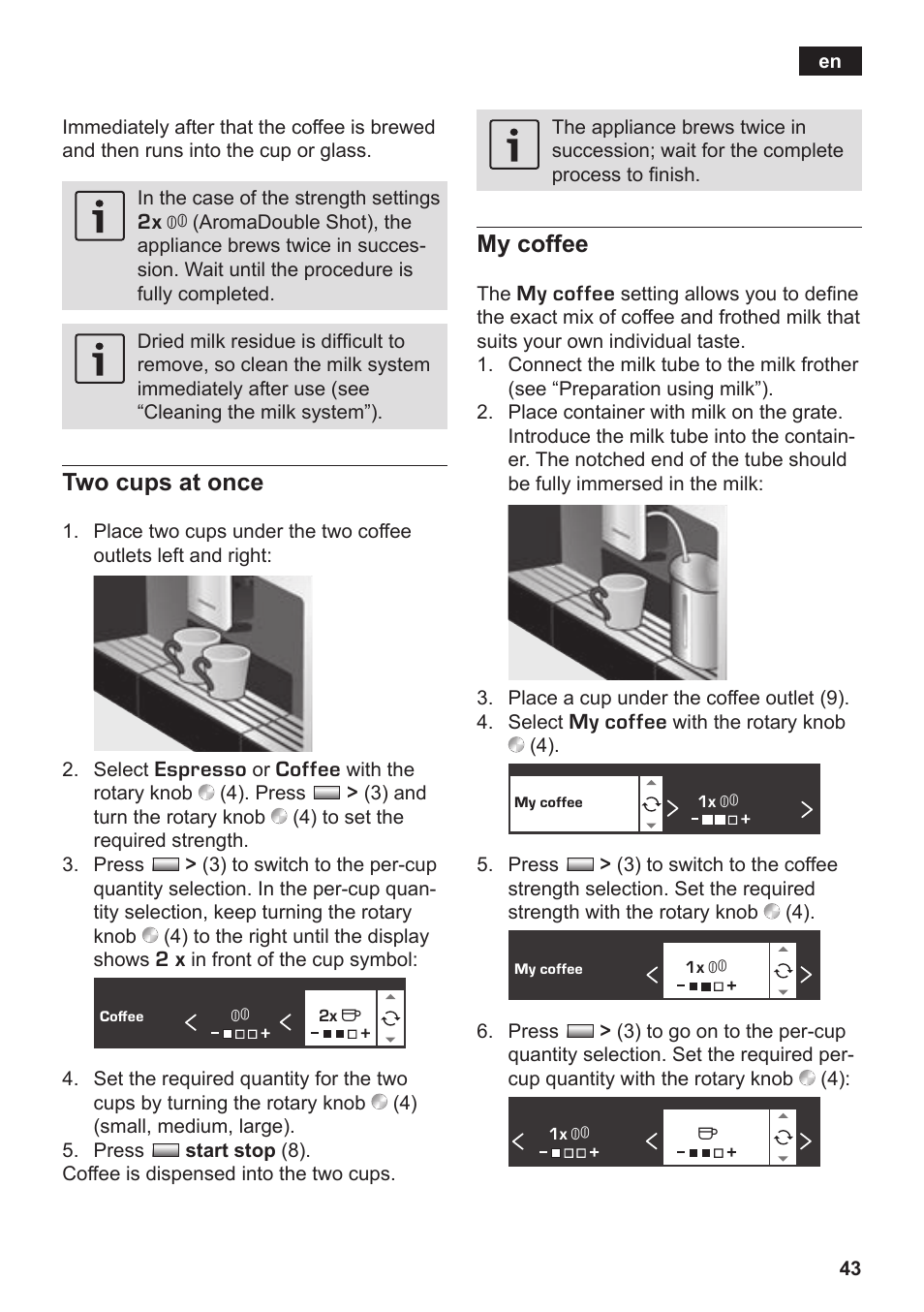 Two cups at once, My coffee | Siemens TK76K573 User Manual | Page 45 / 182