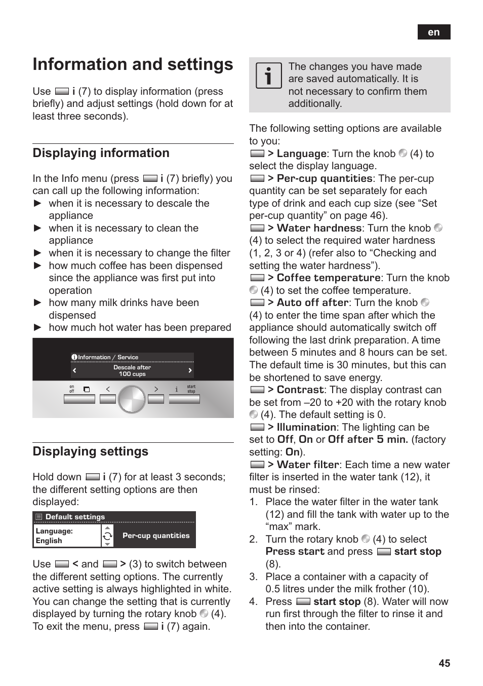 Information and settings, Displaying information, Displaying settings | Siemens TK76K573 User Manual | Page 47 / 182