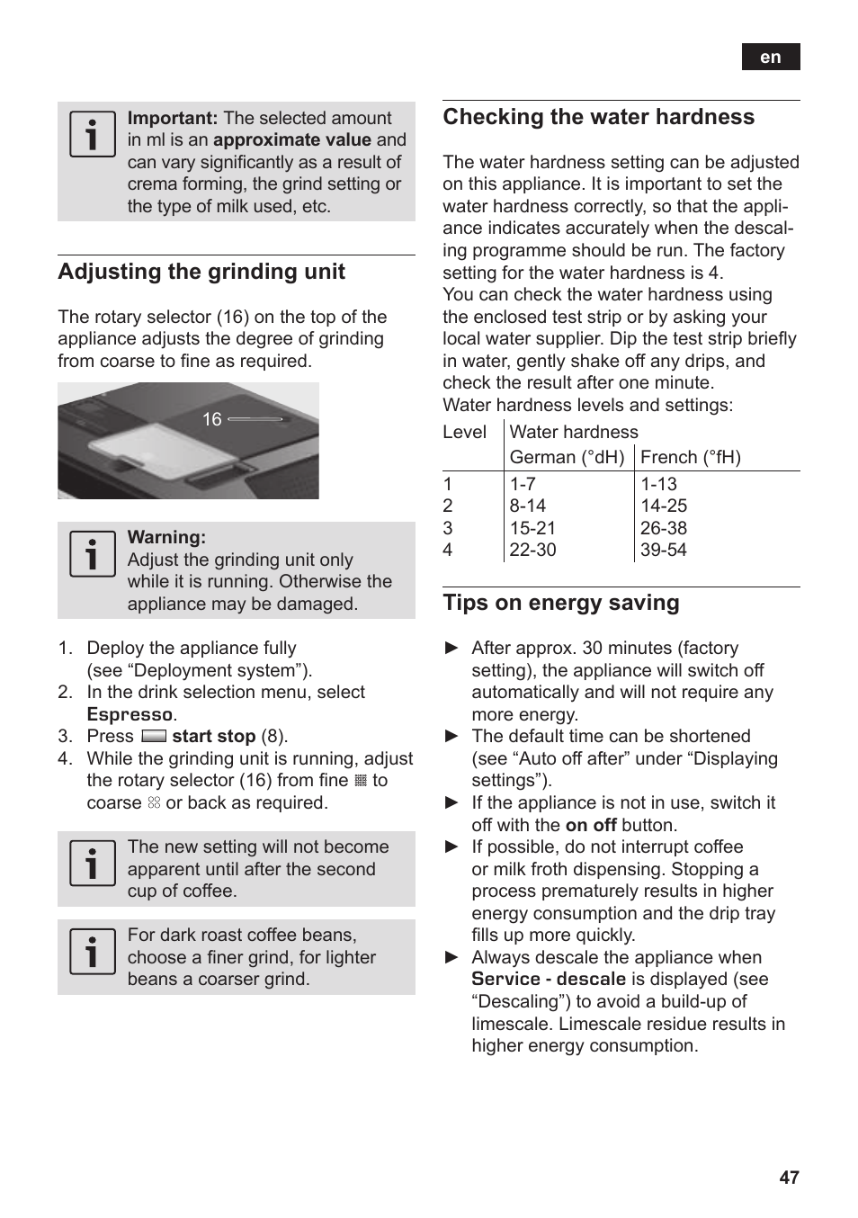 Adjusting the grinding unit, Checking the water hardness, Tips on energy saving | Siemens TK76K573 User Manual | Page 49 / 182