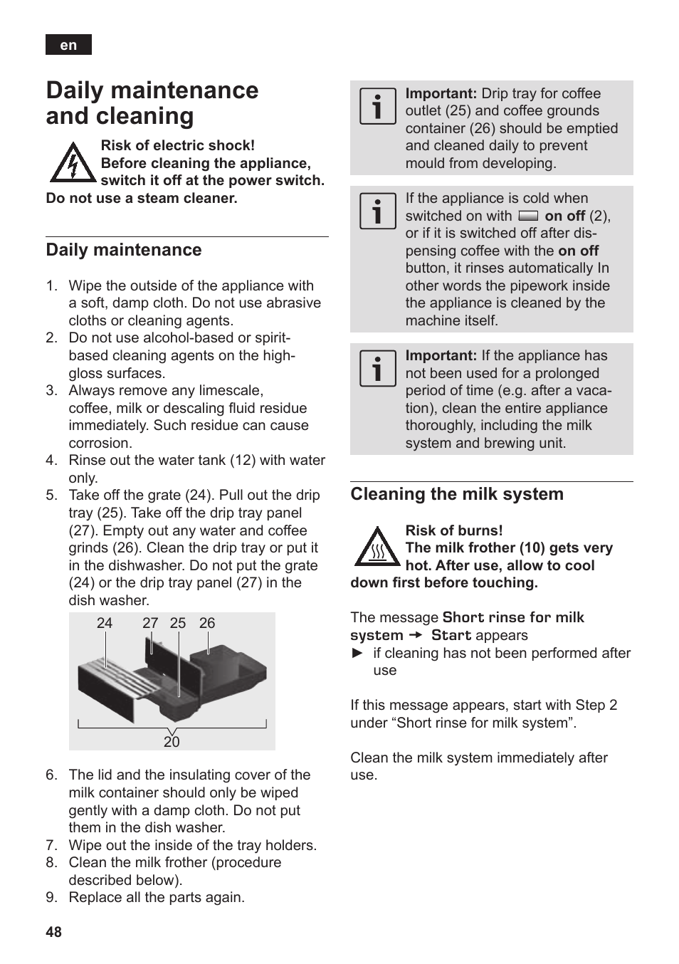 Daily maintenance and cleaning, Daily maintenance, Cleaning the milk system | Siemens TK76K573 User Manual | Page 50 / 182