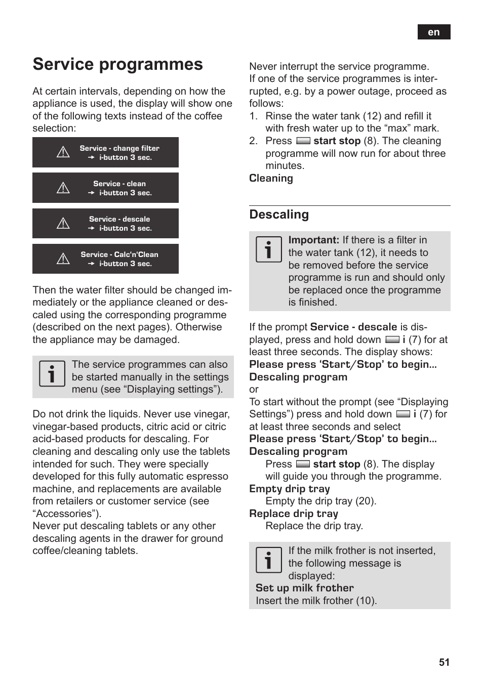 Service programmes, Descaling | Siemens TK76K573 User Manual | Page 53 / 182