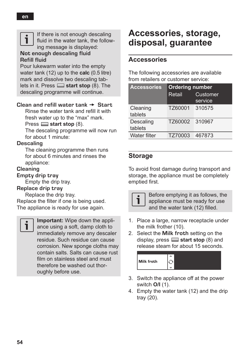 Accessories, storage, disposal, guarantee | Siemens TK76K573 User Manual | Page 56 / 182