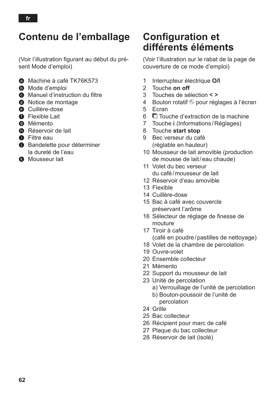 Contenu de l’emballage, Configuration et différents éléments | Siemens TK76K573 User Manual | Page 64 / 182