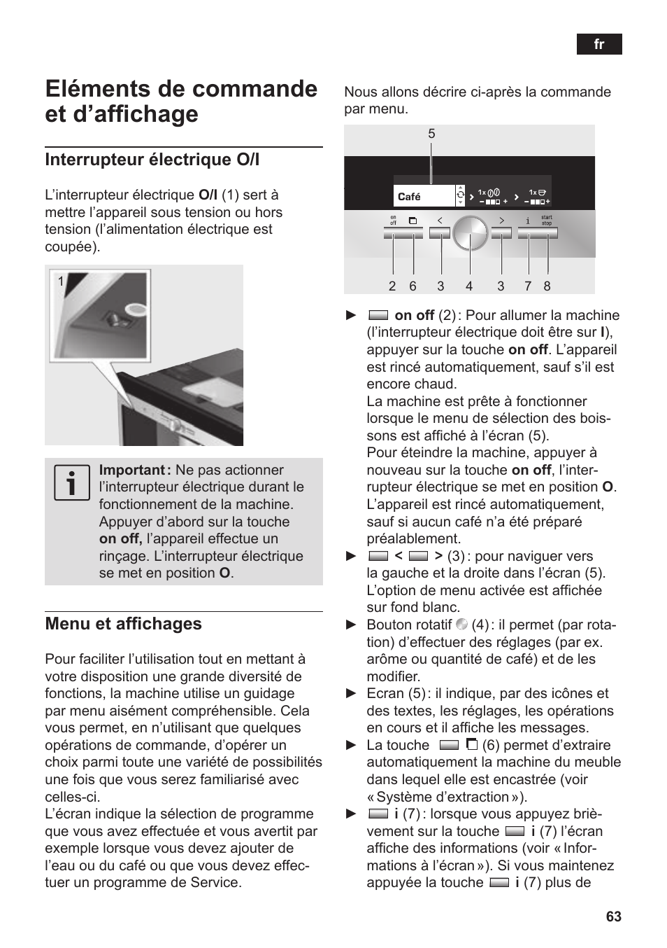 Eléments de commande et d’affichage, Interrupteur électrique o/i, Menu et affichages | Siemens TK76K573 User Manual | Page 65 / 182