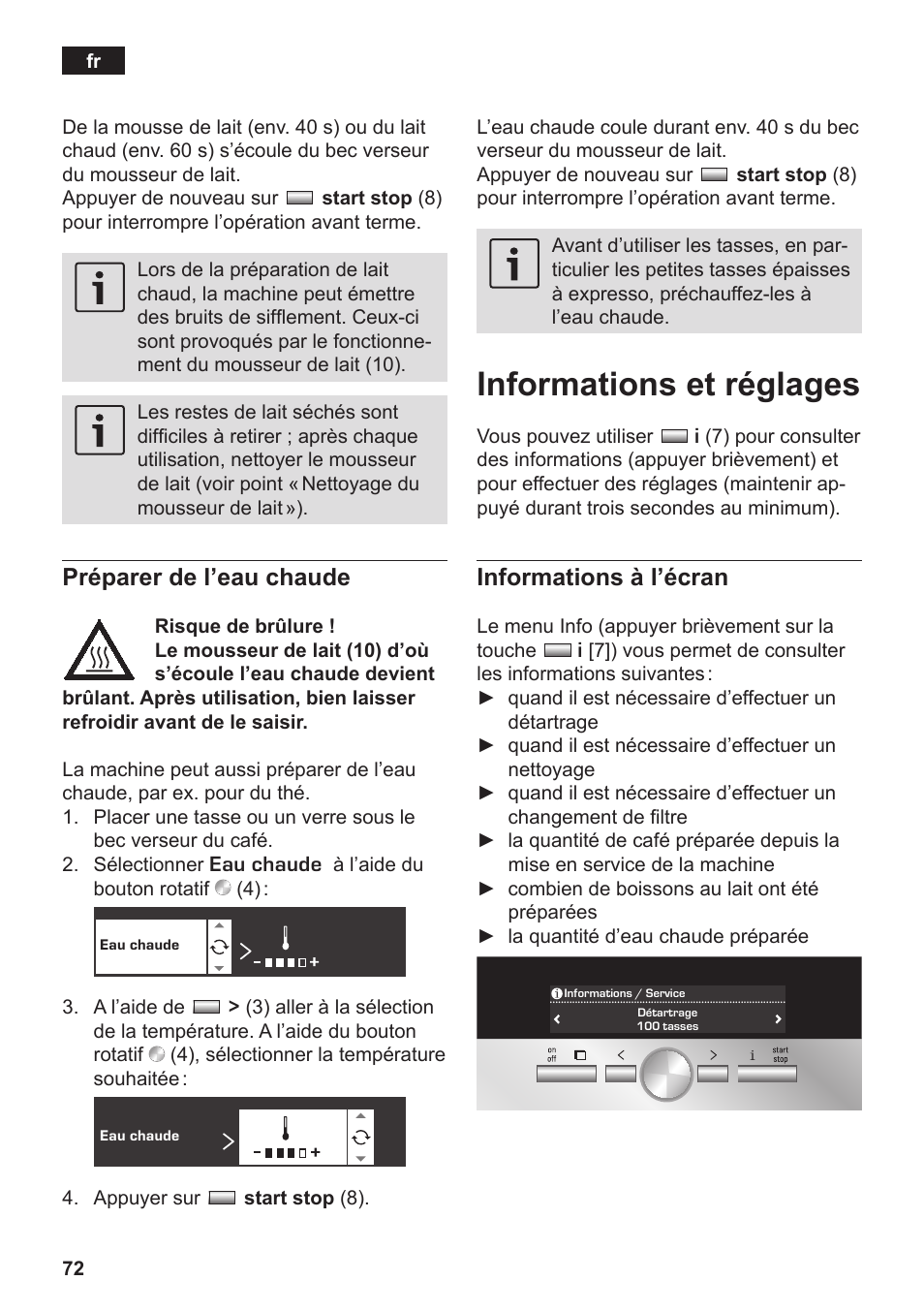 Informations et réglages, Préparer de l’eau chaude, Informations à l’écran | Siemens TK76K573 User Manual | Page 74 / 182