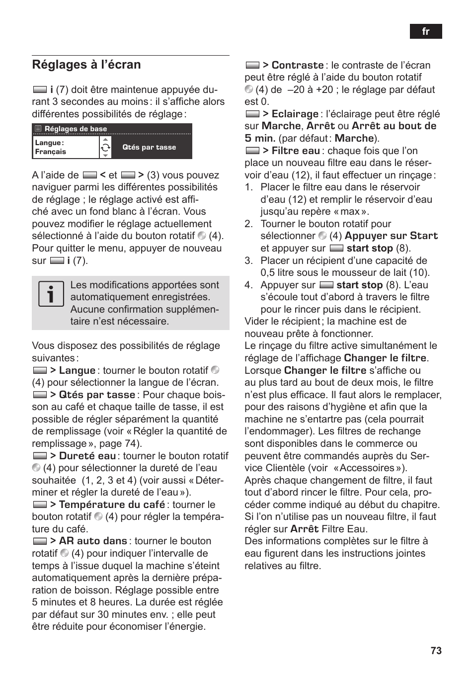 Réglages à l’écran | Siemens TK76K573 User Manual | Page 75 / 182