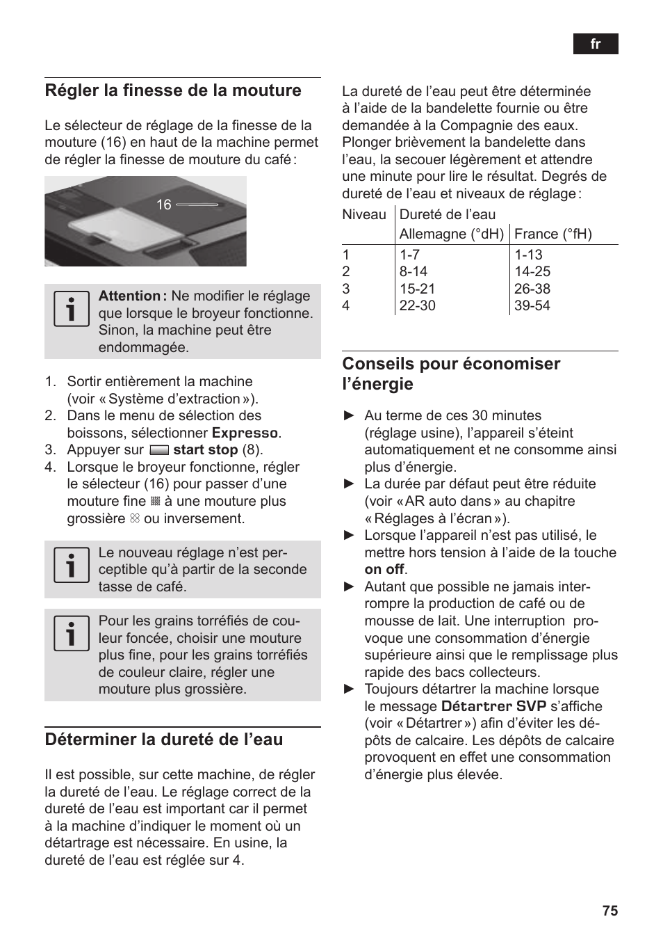Régler la finesse de la mouture, Déterminer la dureté de l’eau, Conseils pour économiser l’énergie | Siemens TK76K573 User Manual | Page 77 / 182