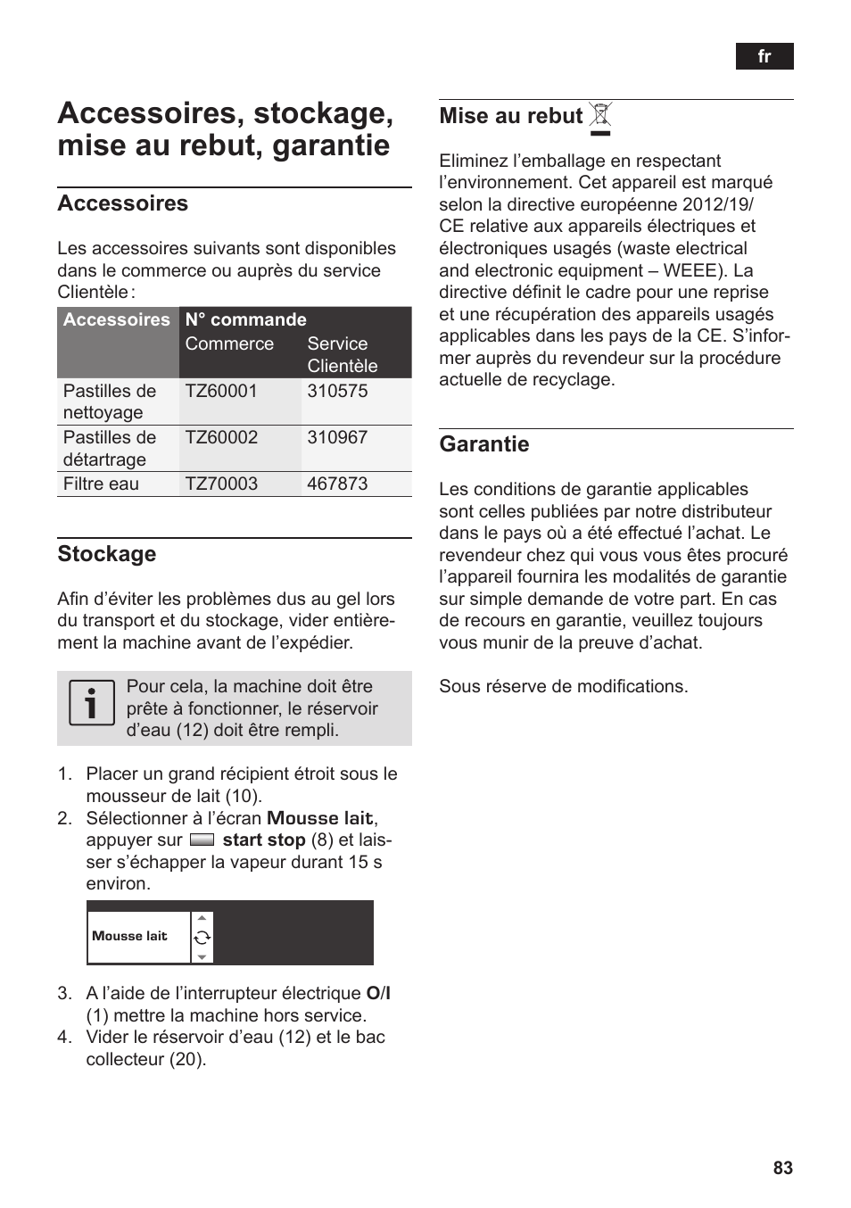 Accessoires, stockage, mise au rebut, garantie | Siemens TK76K573 User Manual | Page 85 / 182