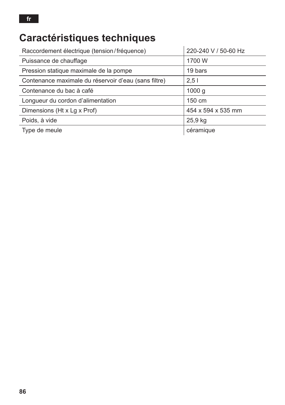 Caractéristiques techniques | Siemens TK76K573 User Manual | Page 88 / 182