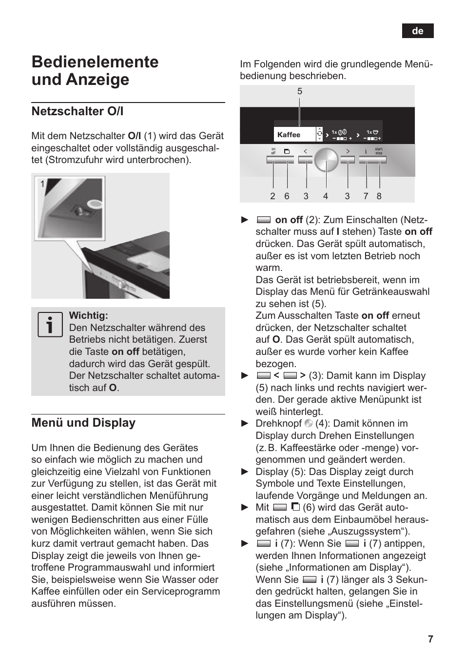 Bedienelemente und anzeige, Netzschalter o/i, Menü und display | Siemens TK76K573 User Manual | Page 9 / 182