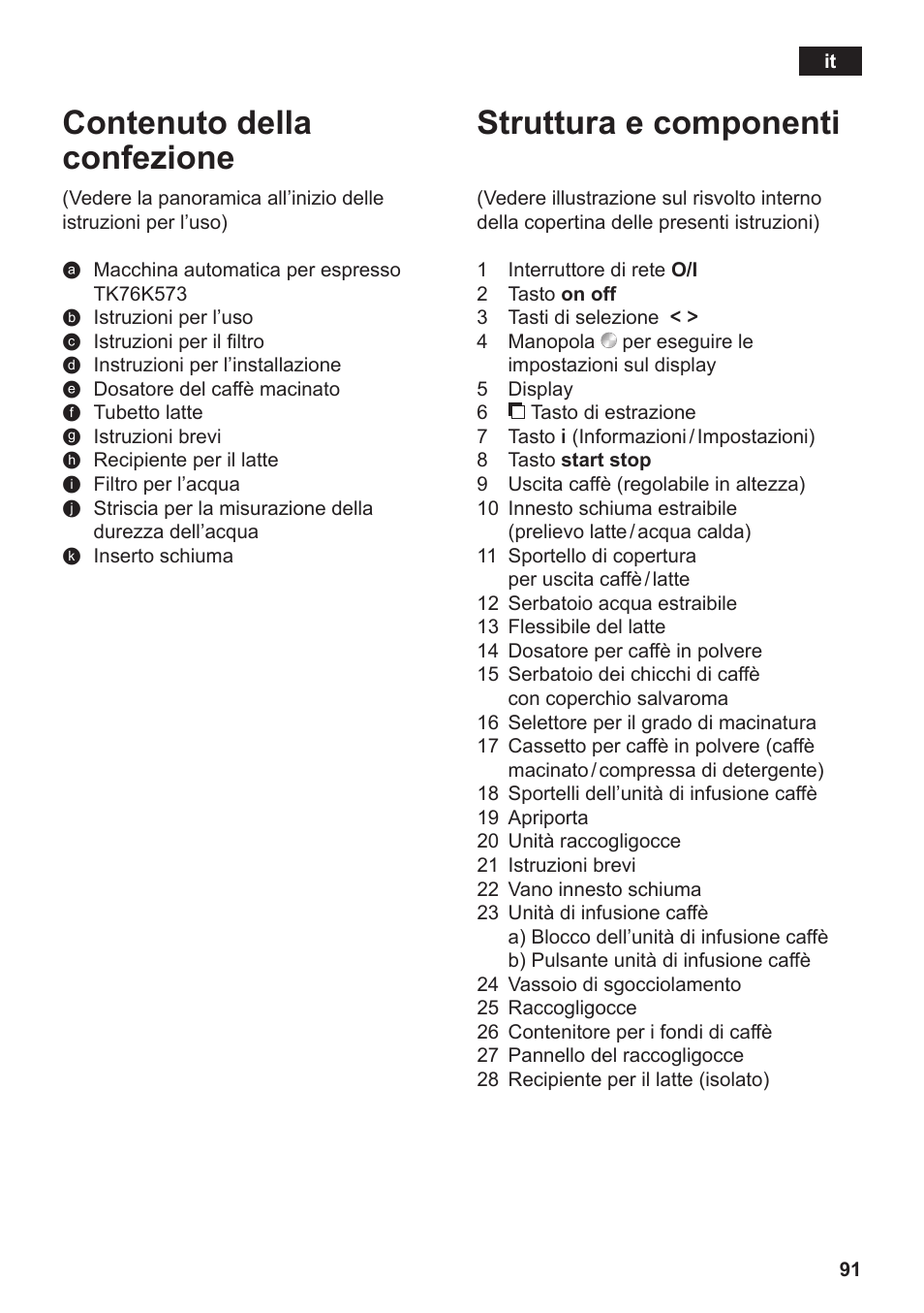 Contenuto della confezione, Struttura e componenti | Siemens TK76K573 User Manual | Page 93 / 182