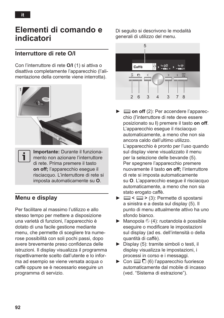 Elementi di comando e indicatori, Interruttore di rete o/i, Menu e display | Siemens TK76K573 User Manual | Page 94 / 182