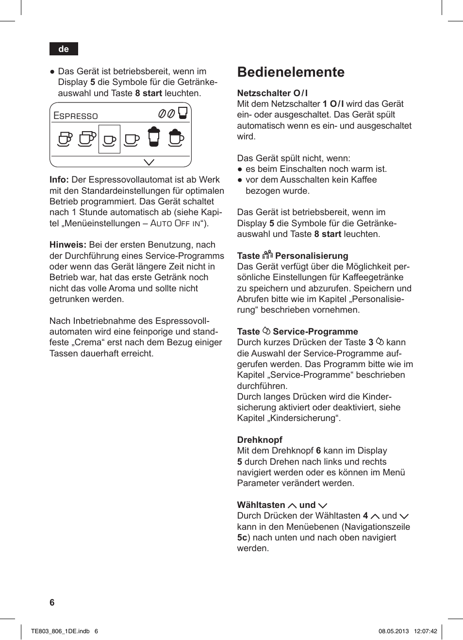 Bedienelemente | Siemens TE803509DE User Manual | Page 10 / 112