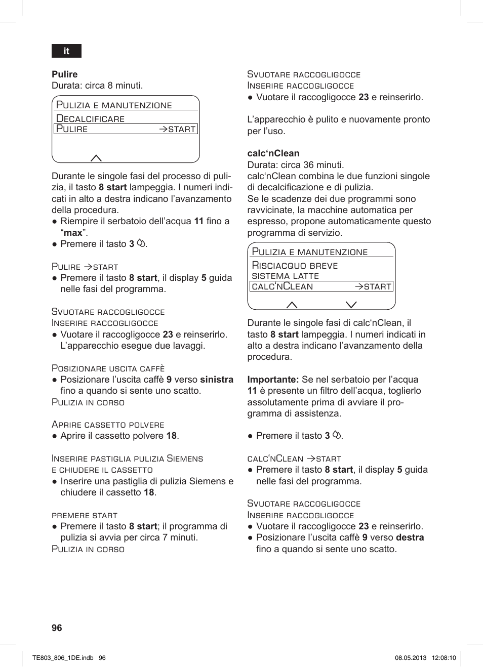 Pulizia e manutenzione decalcificare pulire, Start | Siemens TE803509DE User Manual | Page 100 / 112