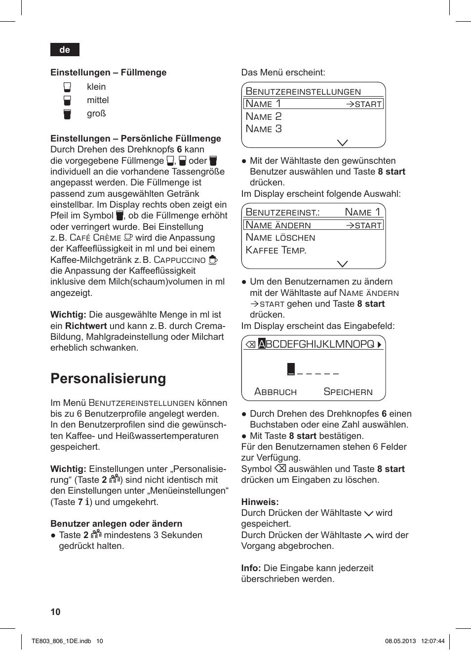 Personalisierung | Siemens TE803509DE User Manual | Page 14 / 112