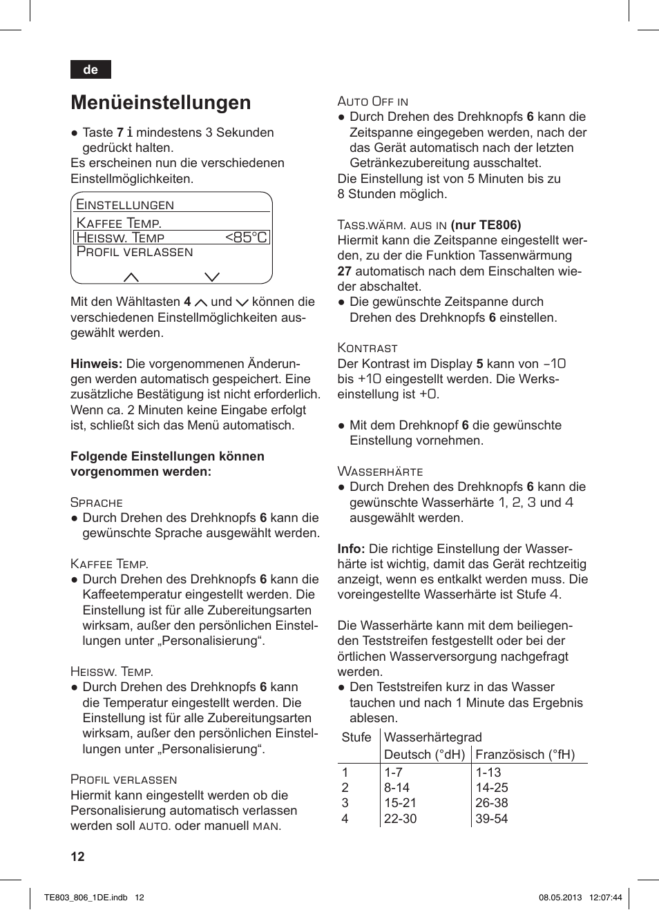 Menüeinstellungen | Siemens TE803509DE User Manual | Page 16 / 112