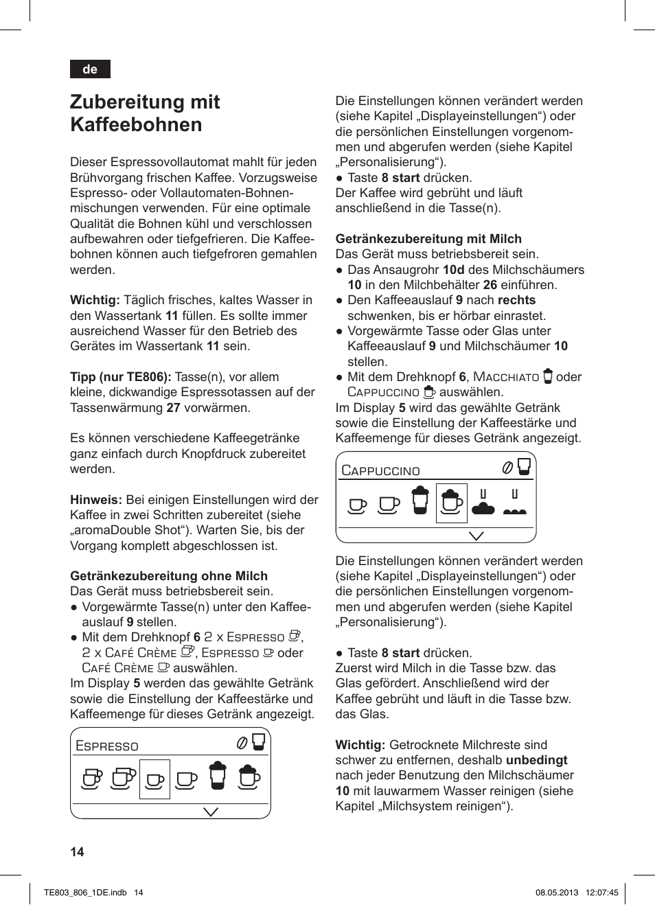 Zubereitung mit kaffeebohnen | Siemens TE803509DE User Manual | Page 18 / 112