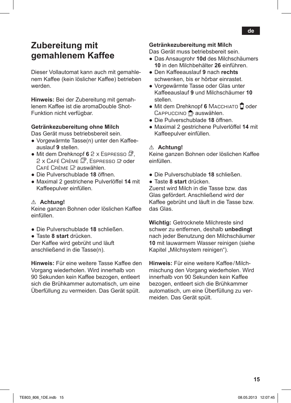 Zubereitung mit gemahlenem kaffee | Siemens TE803509DE User Manual | Page 19 / 112