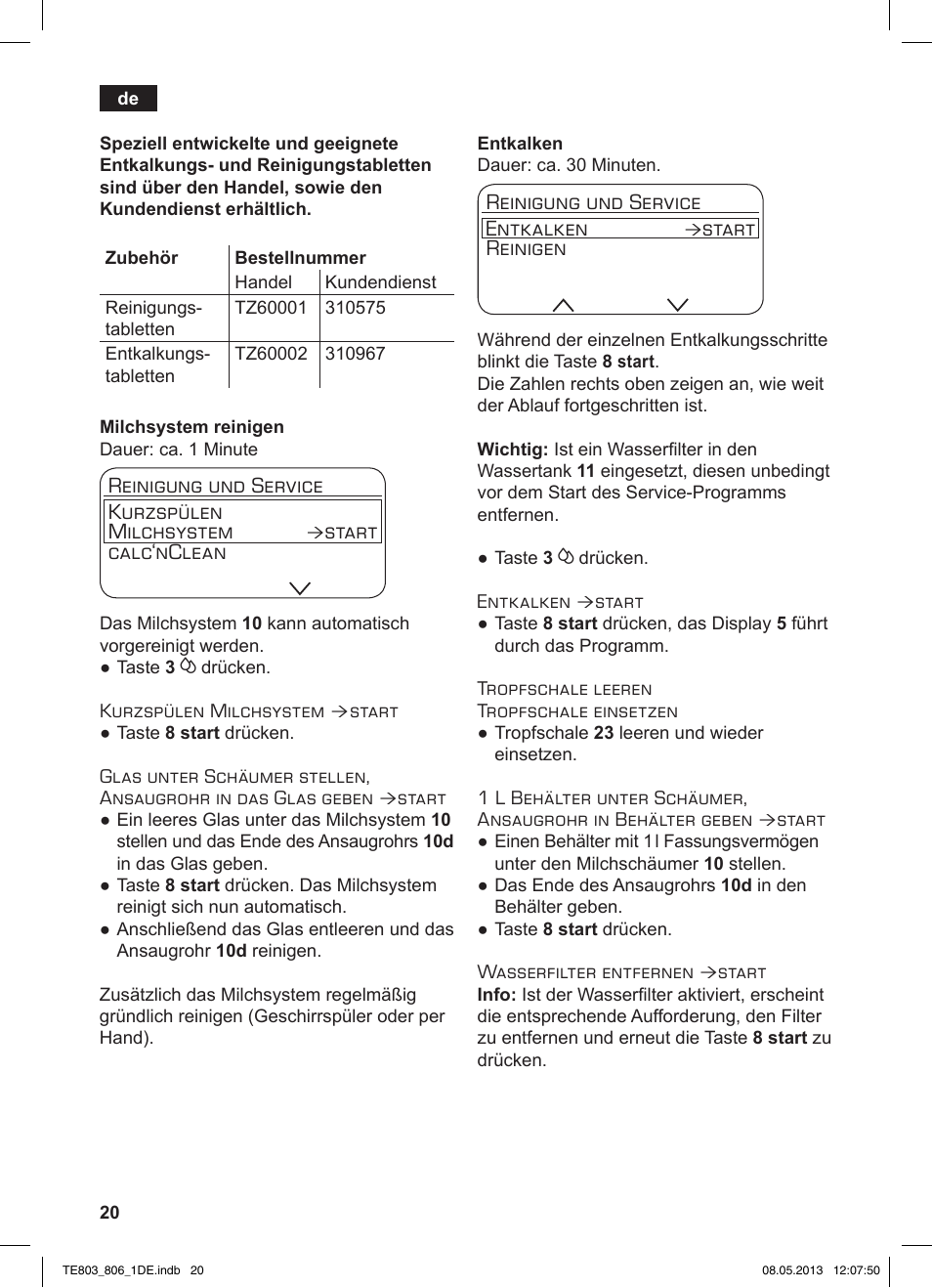 Reinigung und service kurzspülen milchsystem, Start calc‘nclean, Reinigung und service entkalken | Start reinigen | Siemens TE803509DE User Manual | Page 24 / 112