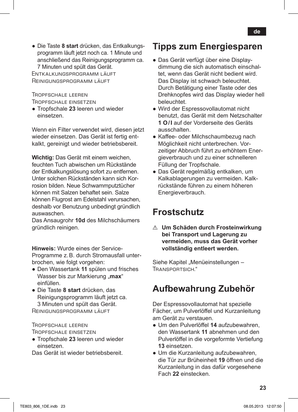 Tipps zum energiesparen, Frostschutz, Aufbewahrung zubehör | Siemens TE803509DE User Manual | Page 27 / 112