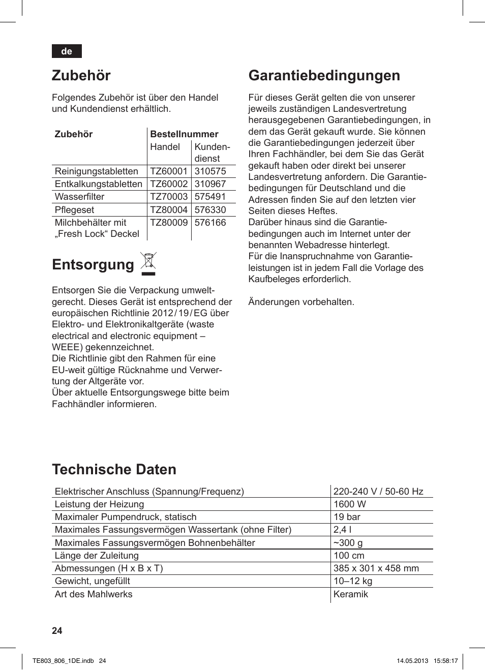 Zubehör, Entsorgung, Garantiebedingungen | Technische daten | Siemens TE803509DE User Manual | Page 28 / 112