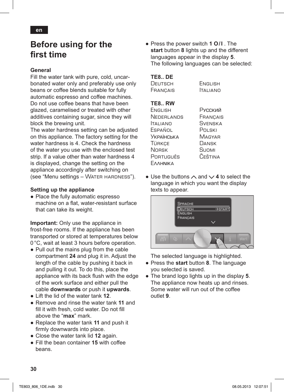 Before using for the fi rst time | Siemens TE803509DE User Manual | Page 34 / 112