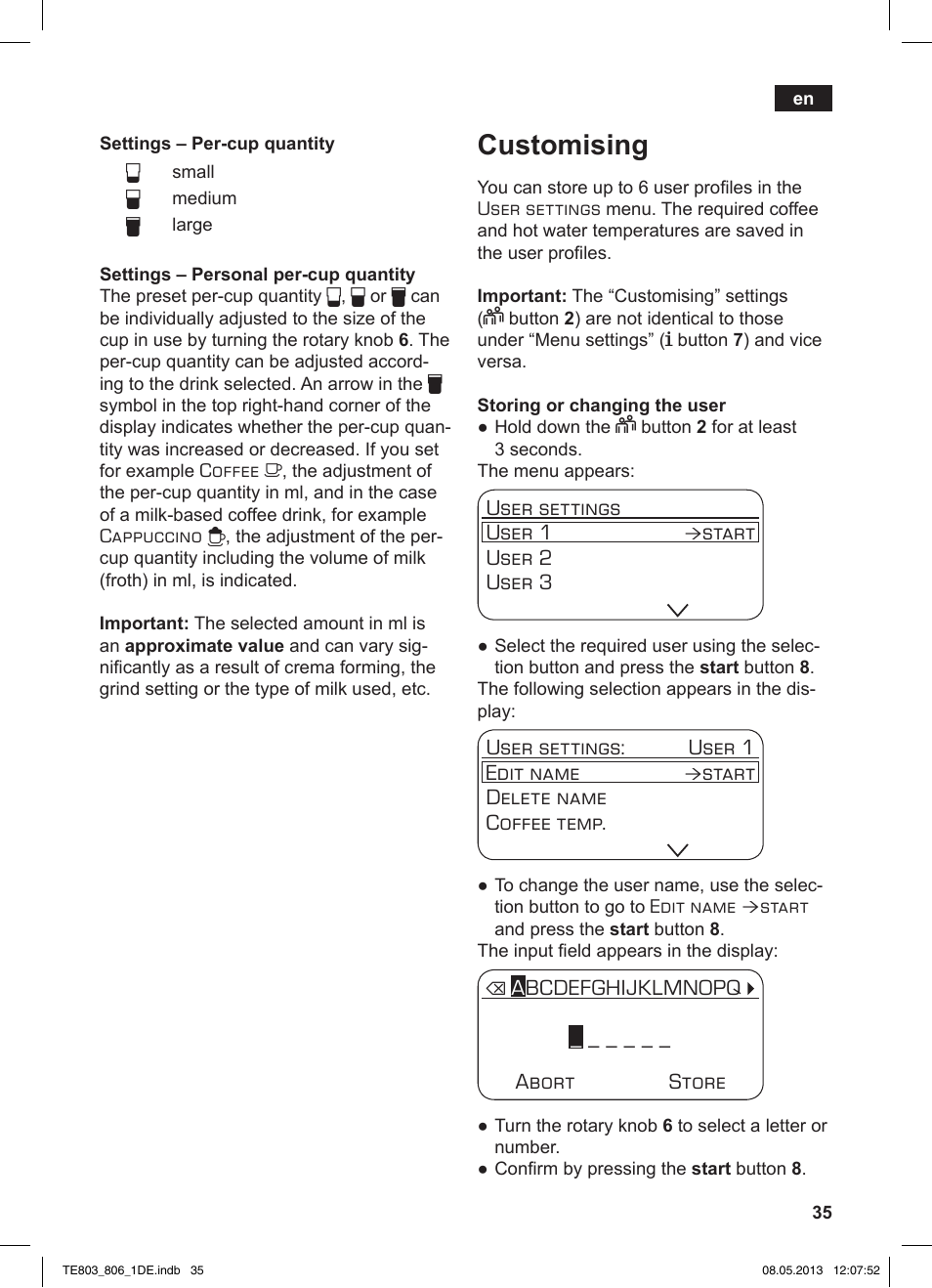 Customising | Siemens TE803509DE User Manual | Page 39 / 112