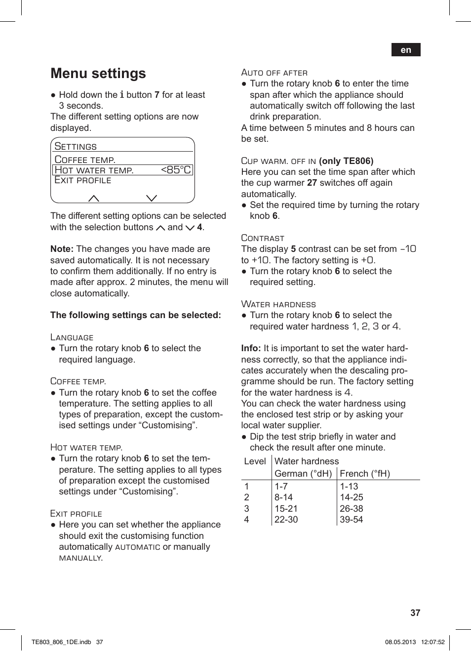 Menu settings | Siemens TE803509DE User Manual | Page 41 / 112